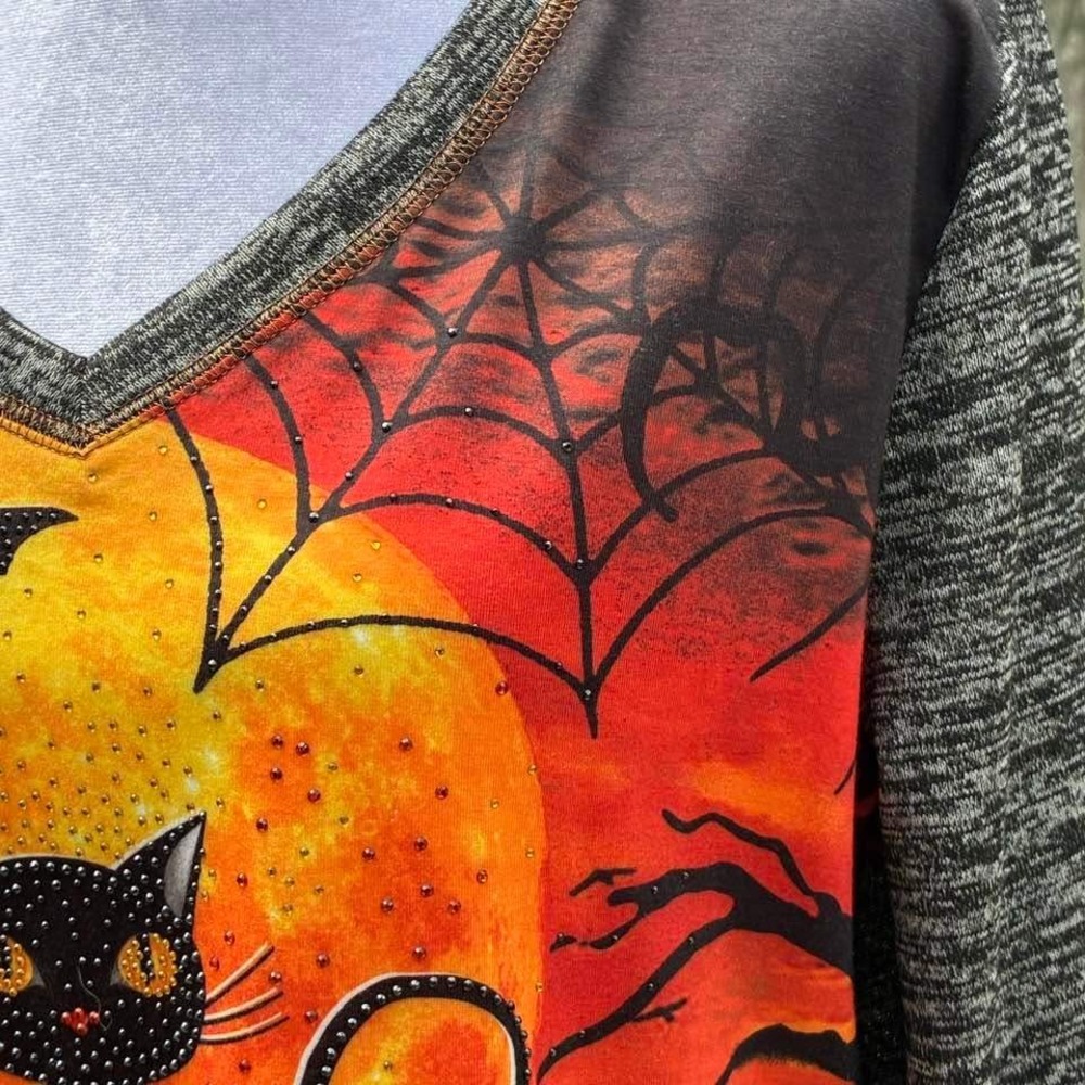 Onque Casual Halloween Black Cat Pumpkin Rhinestone Top Size L Grey Orange Black - Picture 5 of 14